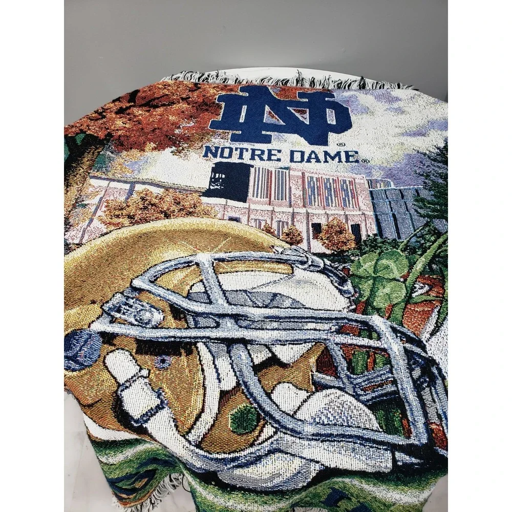 Vintage Notre Dame Fighting Irish Helmet Woven Tapestry Throw Blanket 48x60